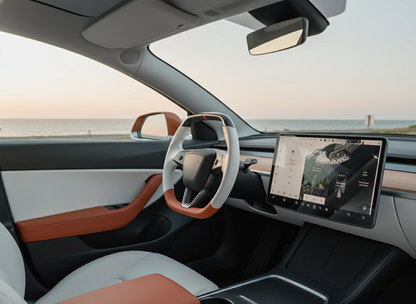 White and orange Leather Carbon Fiber Customize Tesla model 3 highland Steering Wheel - Super Enhancer(2023.9+) Axeco