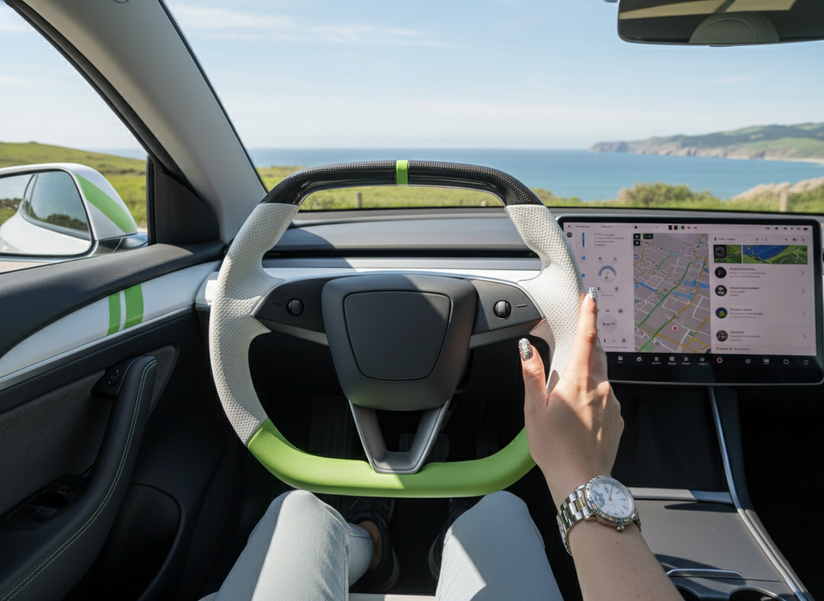 White and fluorescent green Leather Carbon Fiber Customize Tesla model 3 highland Steering Wheel - Super Enhancer(2023.9+) Axeco