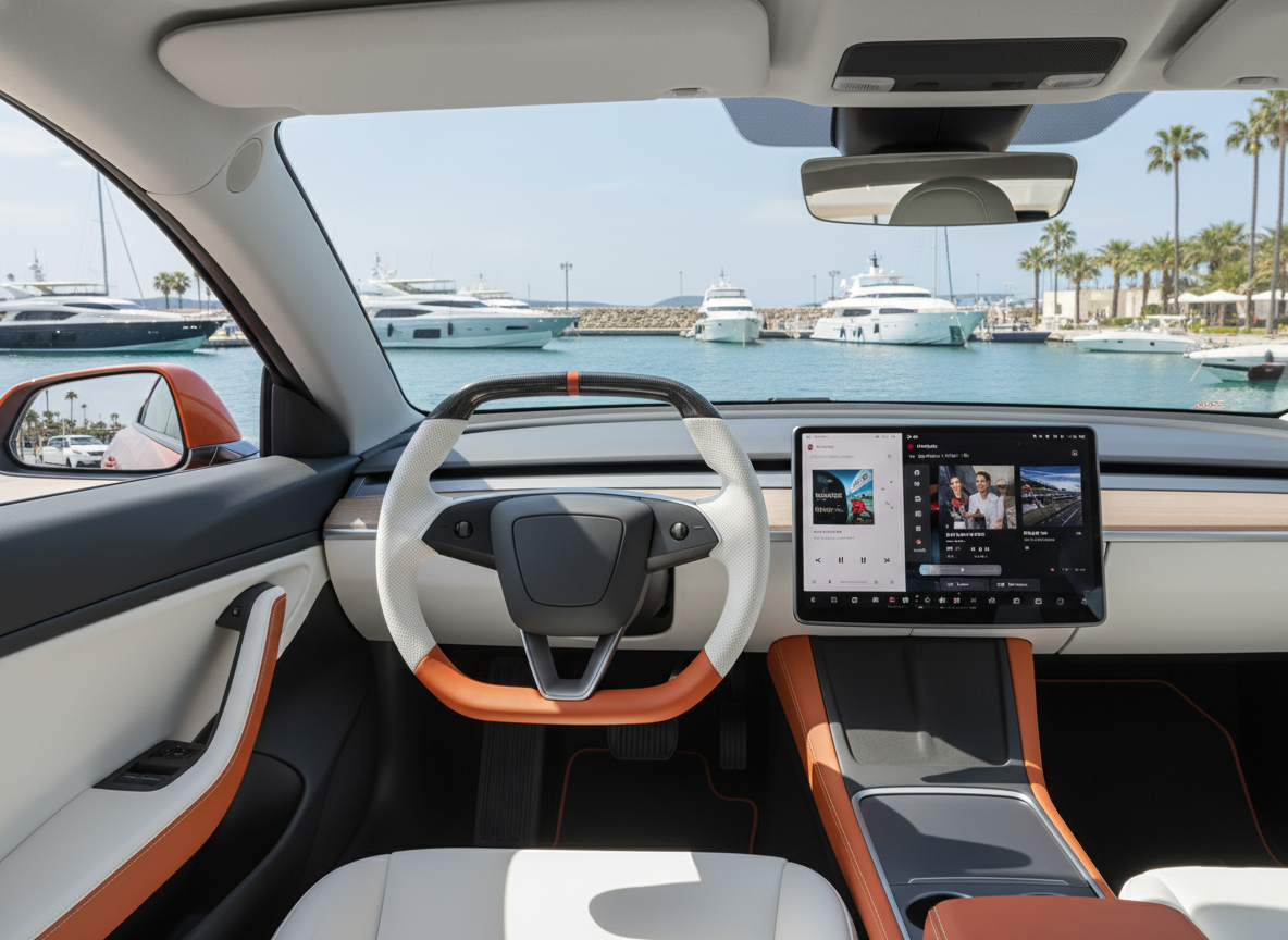 White and orange Leather Carbon Fiber Customize Tesla model 3 highland Steering Wheel - Super Enhancer(2023.9+) Axeco