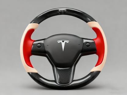 Bright red and warm brown Carbon Fiber Tesla Model Y Steering Wheel-Track Master(2020-2024) Axeco