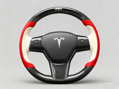 Red and off-white Carbon Fiber Tesla model 3 Steering Wheel -Track Master(2023.9+) Axeco