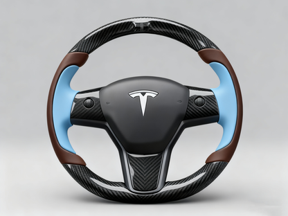 Brownish and light blue Carbon Fiber Tesla Model Y Steering Wheel-Track Master(2020-2024) Axeco