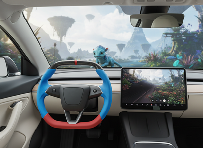 Blue and Red Leather Carbon Fiber Customize Tesla model 3 highland Steering Wheel - Super Enhancer(2023.9+) Axeco