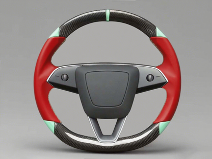 Red and light green Leather Carbon Fiber Customize Tesla Model Y Juniper Steering Wheel - DYNA (2025+) Axeco