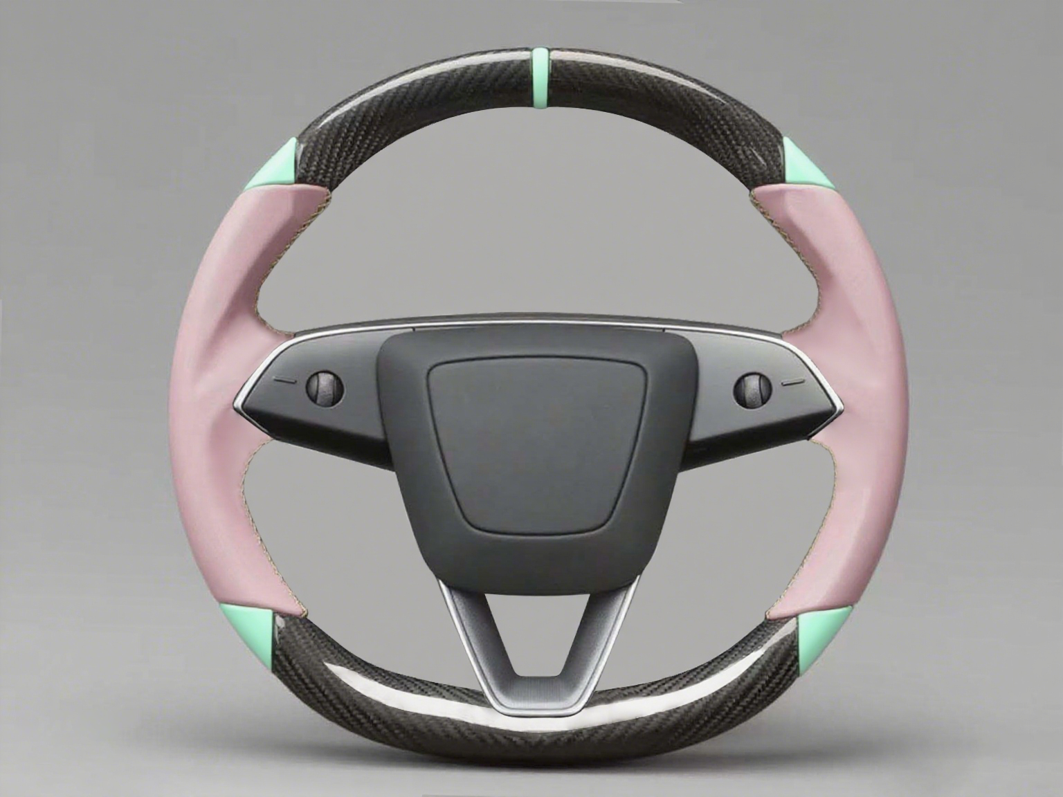Pink and light green Leather Carbon Fiber Customize Tesla Model Y Juniper Steering Wheel - DYNA (2025+) Axeco