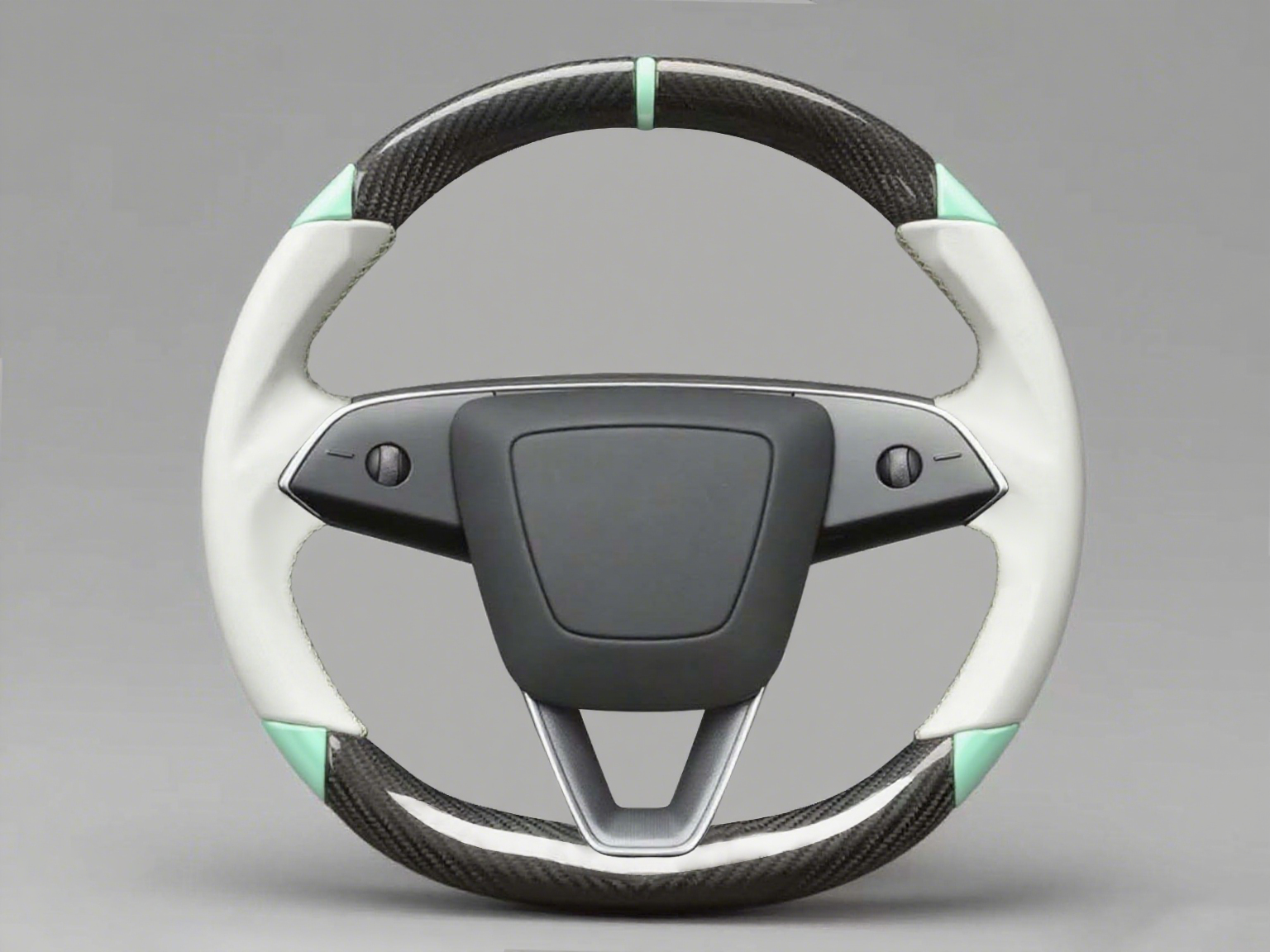 White and light green Leather Carbon Fiber Customize Tesla Model Y Juniper Steering Wheel - DYNA (2025+) Axeco