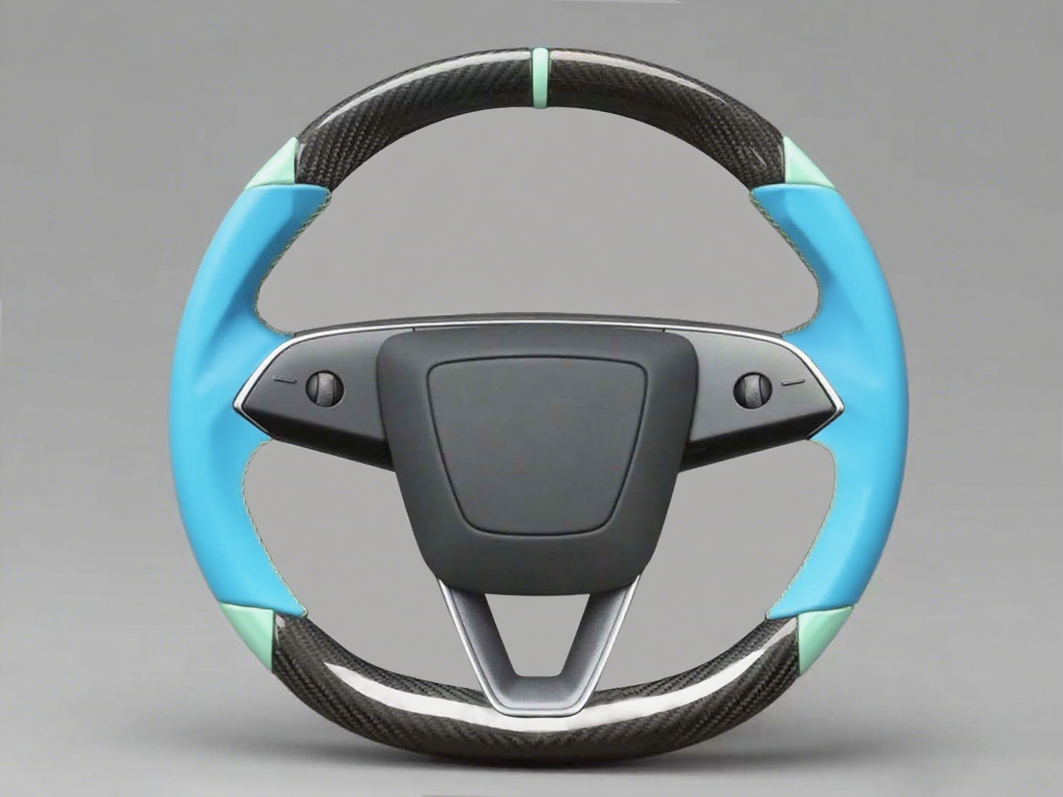 Blue and light green Leather Carbon Fiber Customize Tesla Model Y Juniper Steering Wheel - DYNA (2025+) Axeco