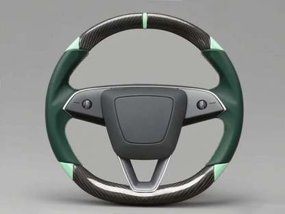Dark green and light green Leather Carbon Fiber Customize Tesla Model Y Juniper Steering Wheel - DYNA (2025+) Axeco