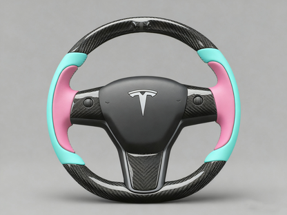 Mint green and pink Carbon Fiber Tesla Model Y Steering Wheel-Track Master(2020-2024) Axeco