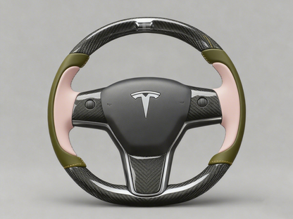 Olive green and soft pink Carbon Fiber Tesla model 3 Steering Wheel -Track Master(2023.9+) Axeco