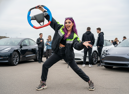 Blue and Red Leather Carbon Fiber Customize Tesla model 3 highland Steering Wheel - Super Enhancer(2023.9+) Axeco