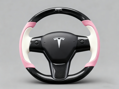 Soft pink and pure white Carbon Fiber Tesla Model Y Steering Wheel-Track Master(2020-2024) Axeco
