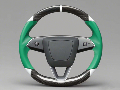 Green and white Leather Carbon Fiber Customize Tesla Model Y Juniper Steering Wheel - DYNA (2025+) Axeco