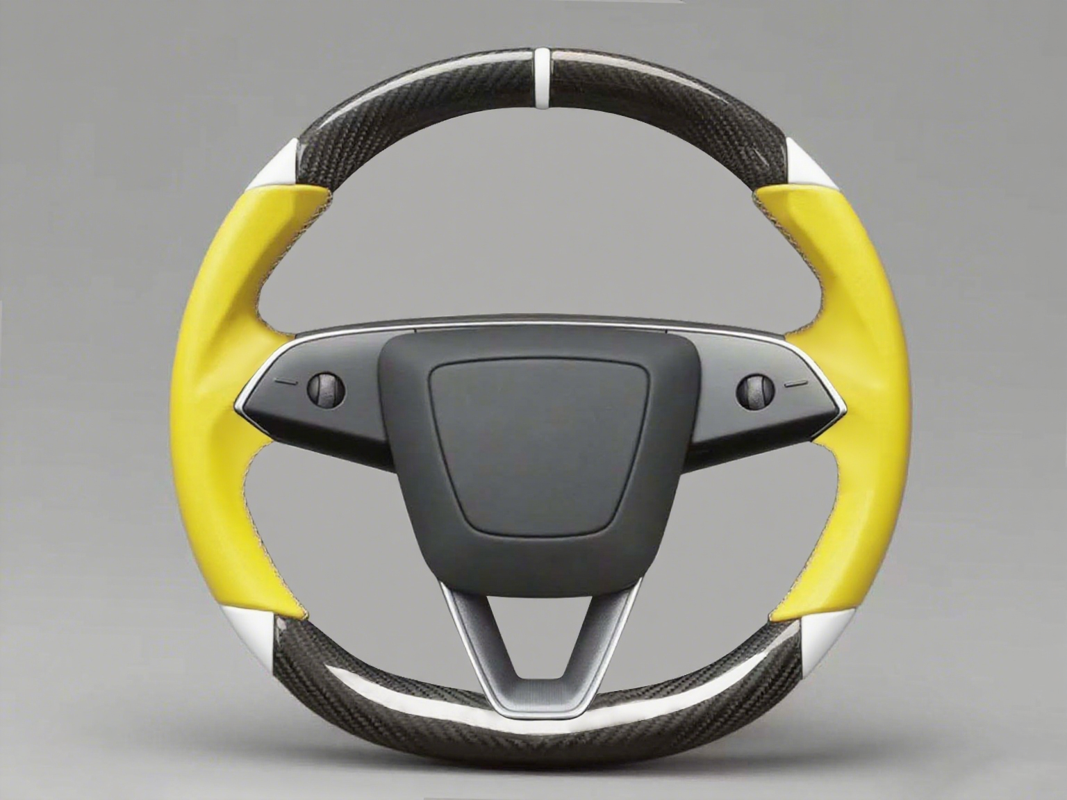 Yellow and white Leather Carbon Fiber Customize Tesla Model Y Juniper Steering Wheel - DYNA (2025+) Axeco