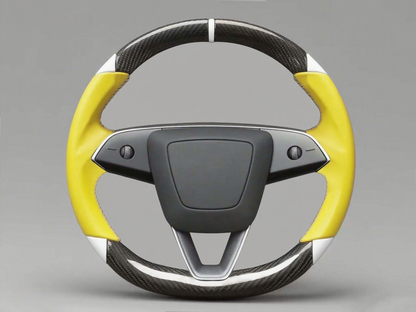Yellow and white Leather Carbon Fiber Customize Tesla Model Y Juniper Steering Wheel - DYNA (2025+) Axeco