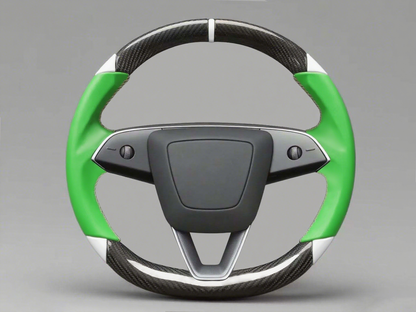 Green and white Leather Carbon Fiber Customize Tesla Model Y Juniper Steering Wheel - DYNA (2025+) Axeco