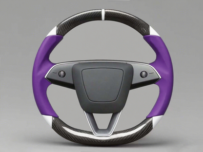 Purple and white Leather Carbon Fiber Customize Tesla Model Y Juniper Steering Wheel - DYNA (2025+) Axeco