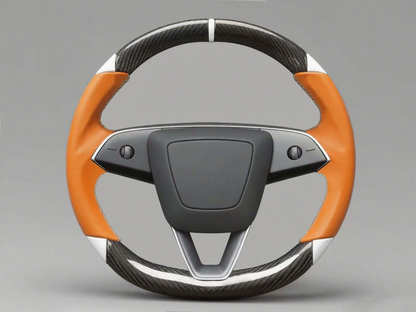 Orange and white Leather Carbon Fiber Customize Tesla Model Y Juniper Steering Wheel - DYNA (2025+) Axeco