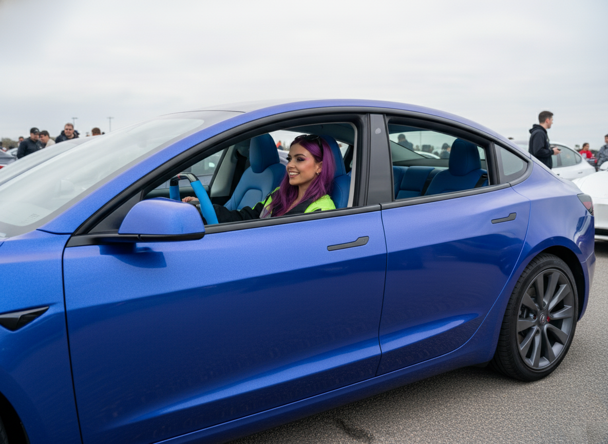Blue and Red Leather Carbon Fiber Customize Tesla model 3 highland Steering Wheel - Super Enhancer(2023.9+) Axeco