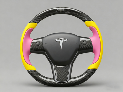 Yellow and pink Carbon Fiber Tesla Model Y Steering Wheel-Track Master(2020-2024) Axeco
