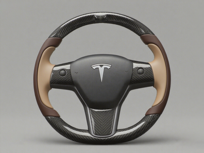 Dark brown and light brown Carbon Fiber Tesla Model Y Steering Wheel-Track Master(2020-2024) Axeco