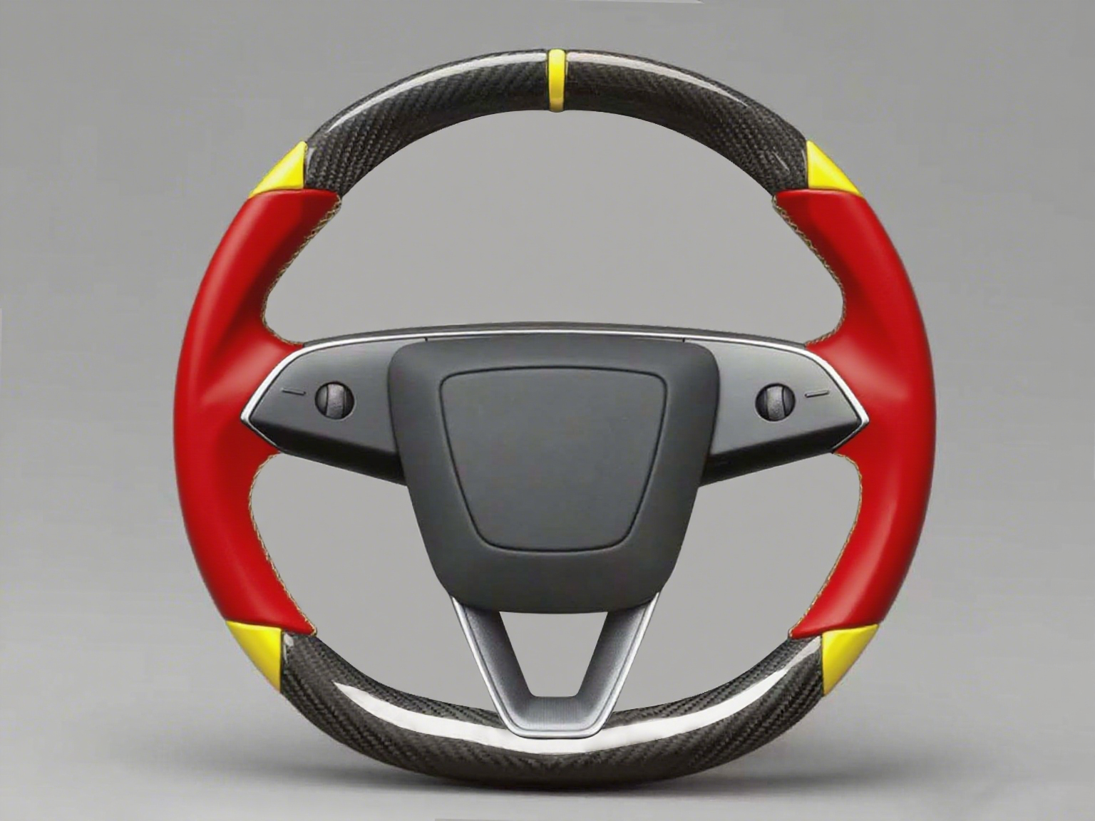 Red and yellow Leather Carbon Fiber Customize Tesla Model Y Juniper Steering Wheel - DYNA (2025+) Axeco