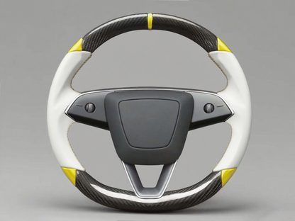 White and yellow Leather Carbon Fiber Customize Tesla Model Y Juniper Steering Wheel - DYNA (2025+) Axeco