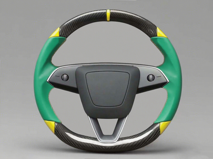 Green and yellow Leather Carbon Fiber Customize Tesla Model Y Juniper Steering Wheel - DYNA (2025+) Axeco