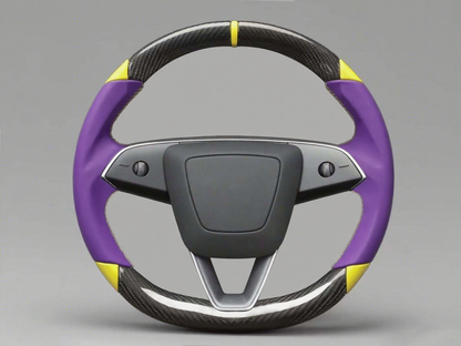 Purple and yellow Leather Carbon Fiber Customize Tesla Model Y Juniper Steering Wheel - DYNA (2025+) Axeco
