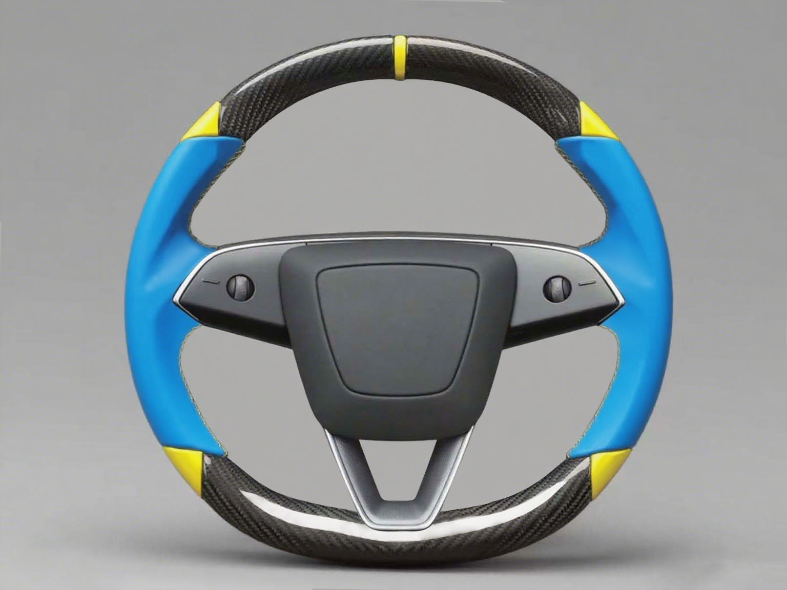 Blue and yellow Leather Carbon Fiber Customize Tesla Model Y Juniper Steering Wheel - DYNA (2025+) Axeco