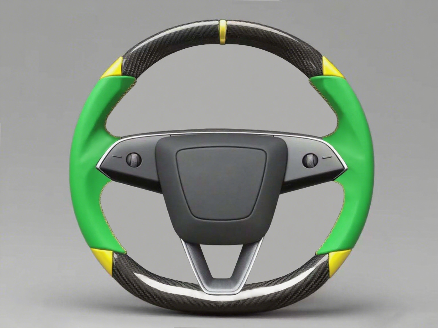 Green and yellow Leather Carbon Fiber Customize Tesla Model Y Juniper Steering Wheel - DYNA (2025+) Axeco