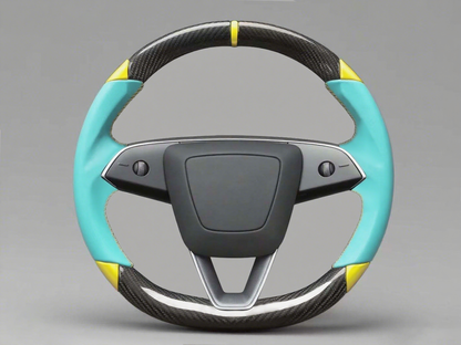 Mint green and yellow Leather Carbon Fiber Customize Tesla Model Y Juniper Steering Wheel - DYNA (2025+) Axeco