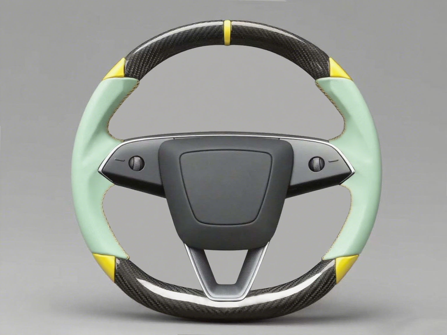 Mint green and yellow Leather Carbon Fiber Customize Tesla Model Y Juniper Steering Wheel - DYNA (2025+) Axeco