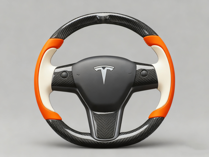 Bright orange and off-white Carbon Fiber Tesla model 3 Steering Wheel -Track Master(2023.9+) Axeco