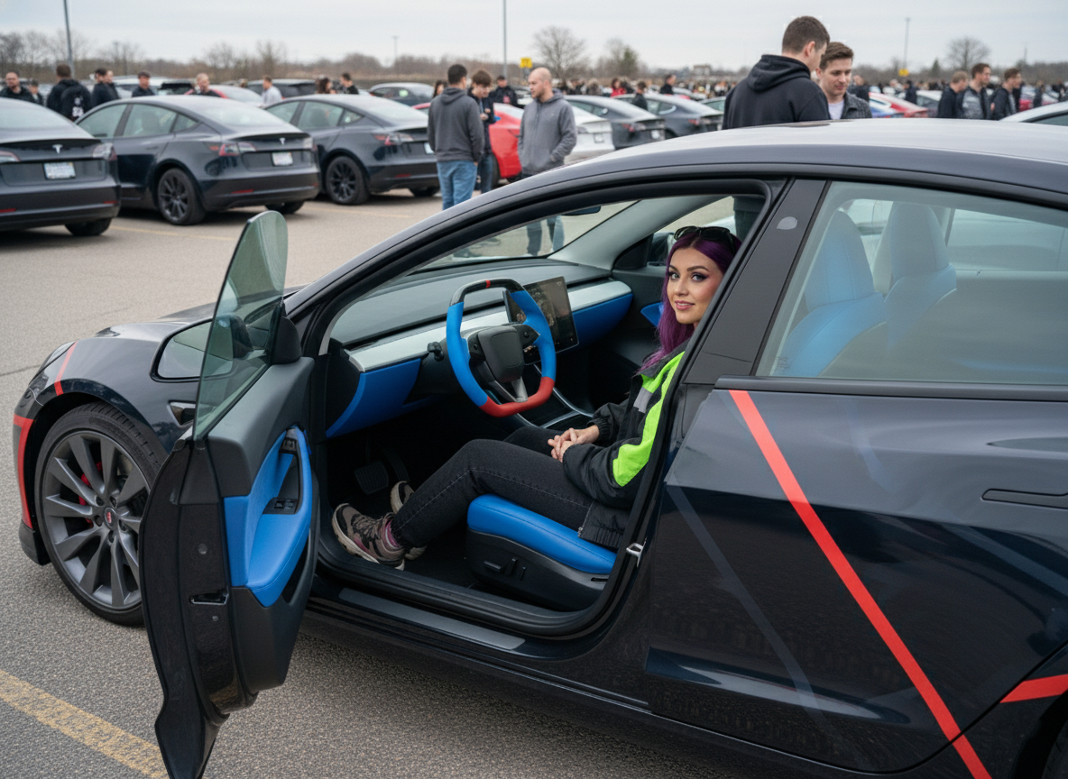 Blue and Red Leather Carbon Fiber Customize Tesla model 3 highland Steering Wheel - Super Enhancer(2023.9+) Axeco
