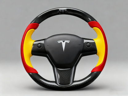 Bright red and bright yellow Carbon Fiber Tesla Model Y Steering Wheel-Track Master(2020-2024) Axeco