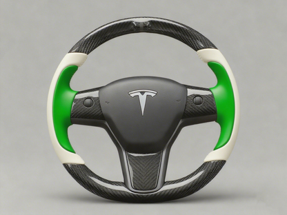 Pure white and emerald green Carbon Fiber Tesla model 3 Steering Wheel -Track Master(2023.9+) Axeco