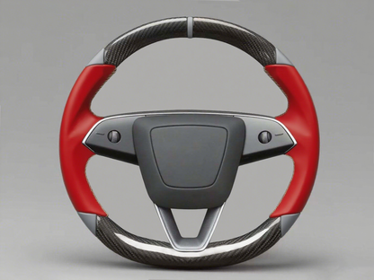 Reds And Grays Leather Carbon Fiber Customize Tesla Model Y Juniper Steering Wheel - DYNA (2025+) Axeco