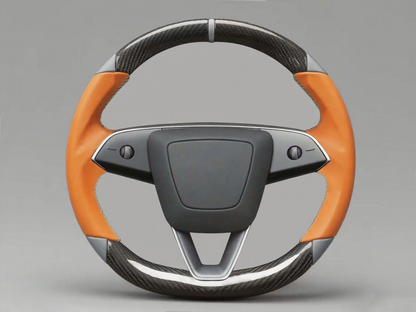 Orange and grey Leather Carbon Fiber Customize Tesla Model Y Juniper Steering Wheel - DYNA (2025+) Axeco