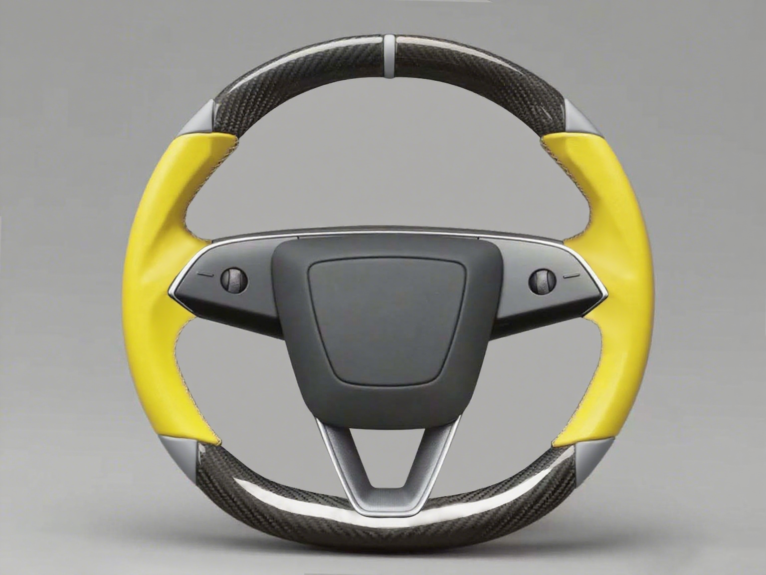 Yellow and grey Leather Carbon Fiber Customize Tesla Model Y Juniper Steering Wheel - DYNA (2025+) Axeco