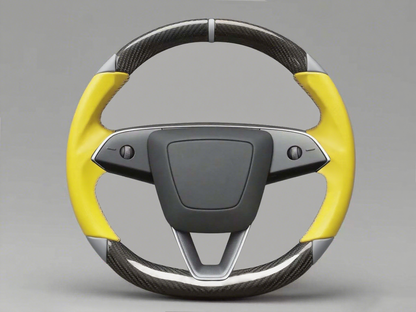 Yellow and grey Leather Carbon Fiber Customize Tesla Model Y Juniper Steering Wheel - DYNA (2025+) Axeco