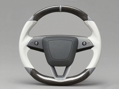 White and grey Leather Carbon Fiber Customize Tesla Model Y Juniper Steering Wheel - DYNA (2025+) Axeco