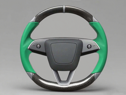 Green and grey Leather Carbon Fiber Customize Tesla Model Y Juniper Steering Wheel - DYNA (2025+) Axeco