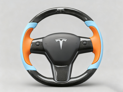 Light blue and bright orange Carbon Fiber Tesla model 3 Steering Wheel -Track Master(2023.9+) Axeco