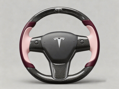 Wine red and soft pink Carbon Fiber Tesla Model Y Steering Wheel-Track Master(2020-2024) Axeco