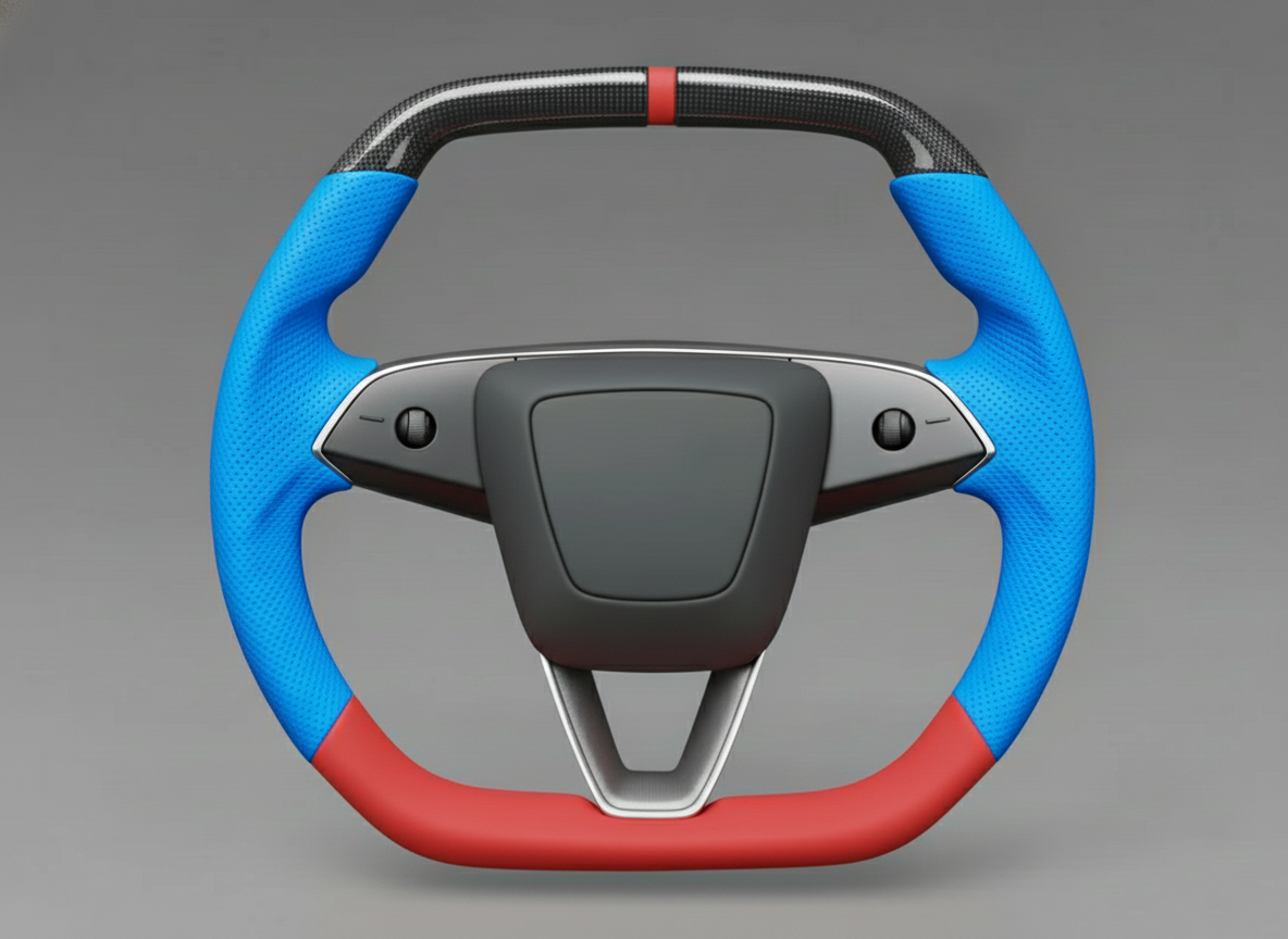 Blue and Red Leather Carbon Fiber Customize Tesla model 3 highland Steering Wheel - Super Enhancer(2023.9+) Axeco