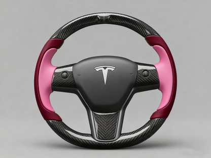 Wine red and pink Carbon Fiber Tesla Model Y Steering Wheel-Track Master(2020-2024) Axeco