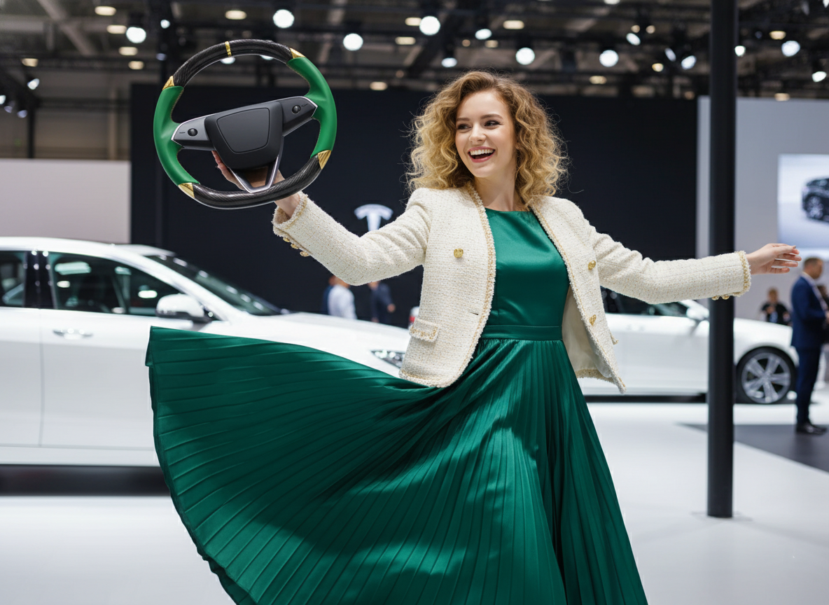 Green and gold Carbon Fiber Tesla Model 3 Highland Custom Steering Wheel -DYNA(2023.9)