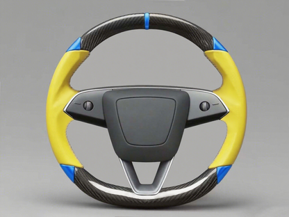 Yellow and blue Carbon Fiber Tesla Model 3 Custom Steering Wheel -DYNA(2017-2023.9) Axeco