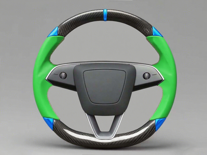 Green and blue Carbon Fiber Tesla Model 3 Custom Steering Wheel -DYNA(2017-2023.9) Axeco